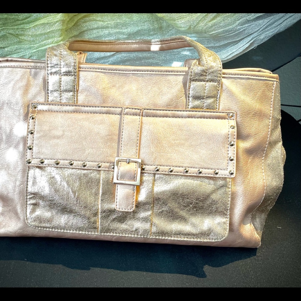 “Charming Charlie” Rose-Gold, faux Leather, Soft-Side Satchel Purse